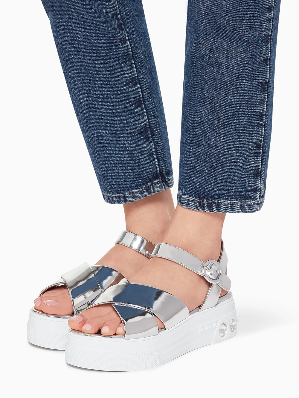 New Miu Miu Mirror Leather Platform Sandals